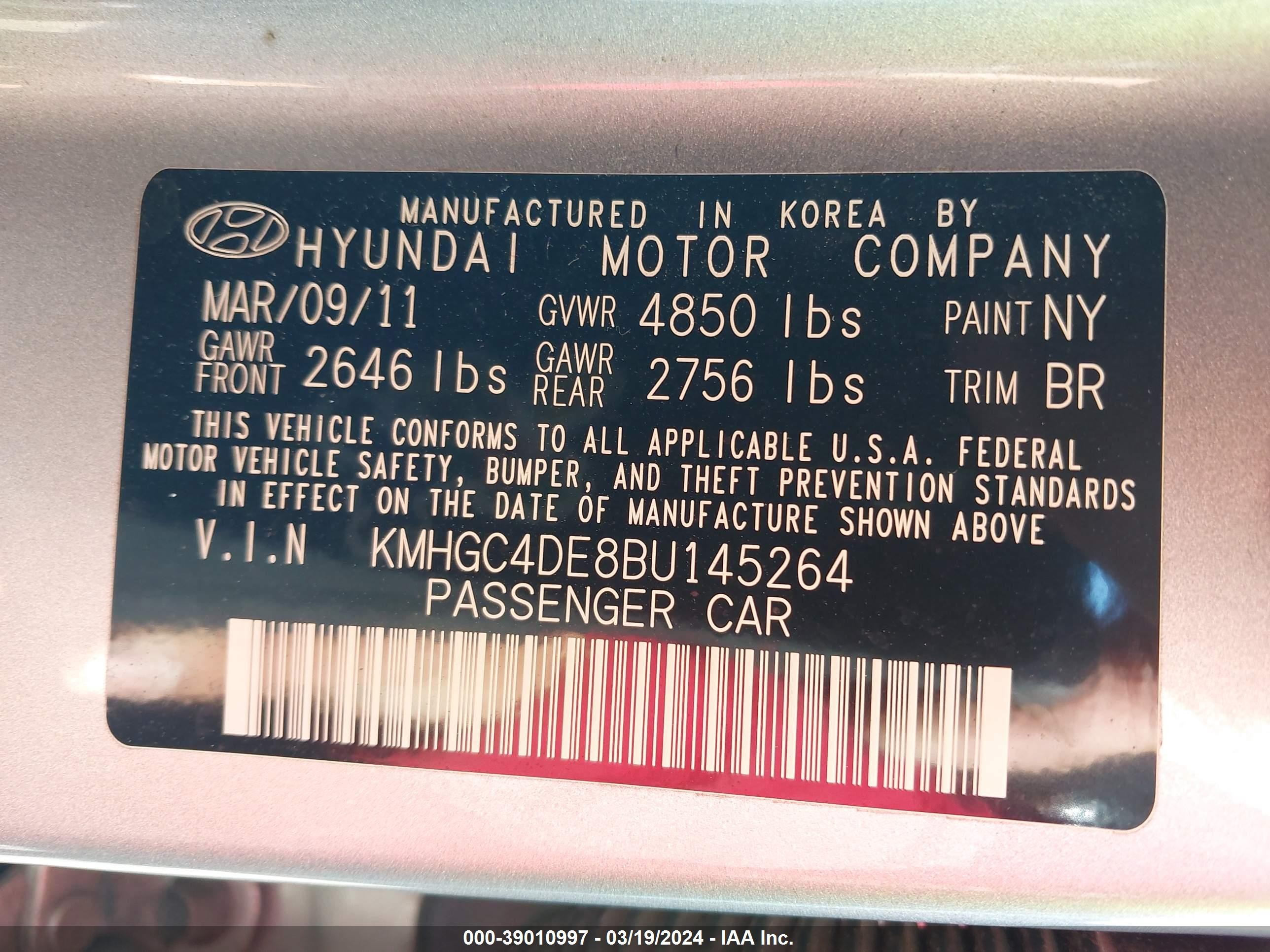 Photo 8 VIN: KMHGC4DE8BU145264 - HYUNDAI GENESIS 