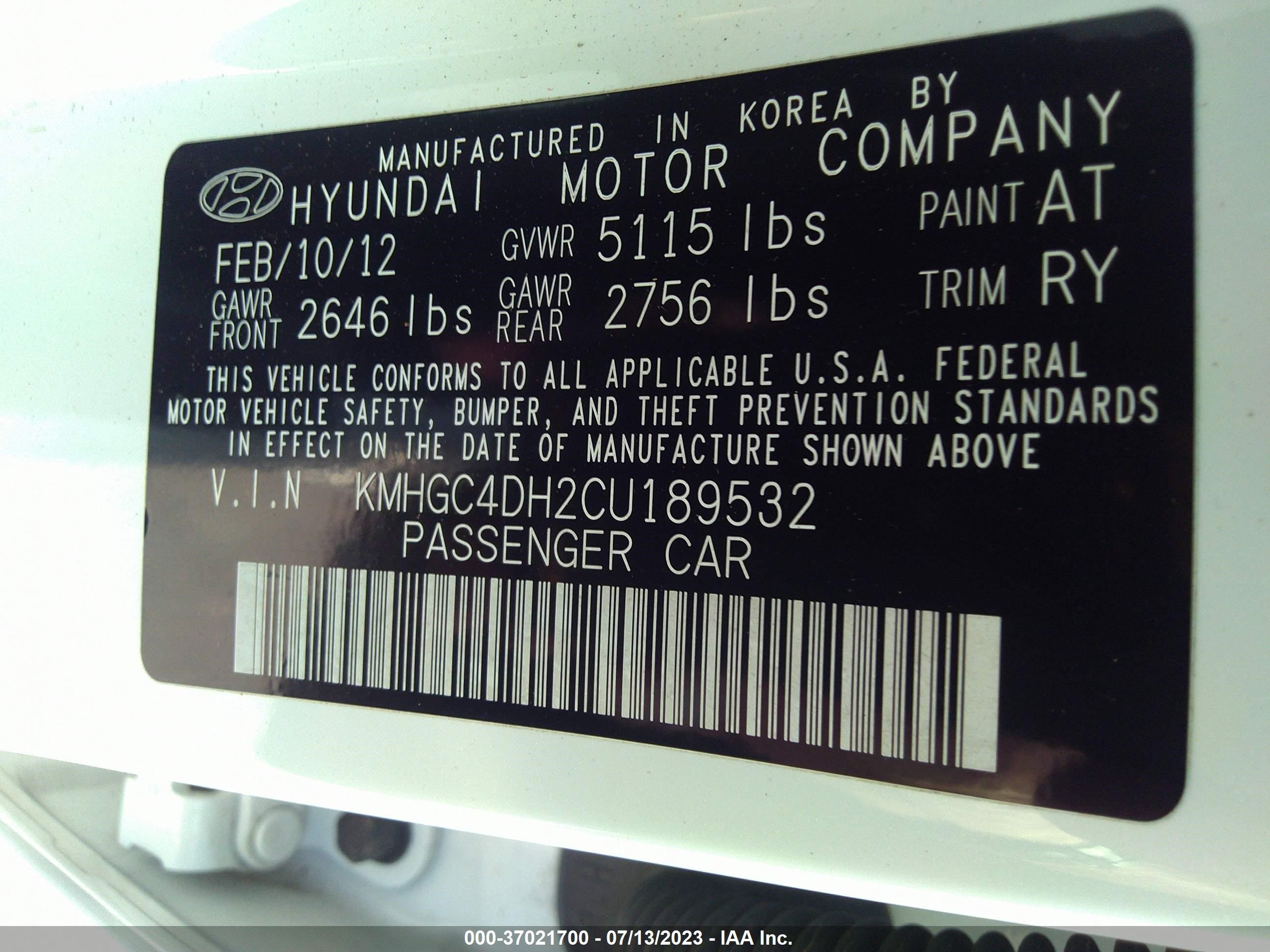 Photo 8 VIN: KMHGC4DH2CU189532 - HYUNDAI GENESIS 