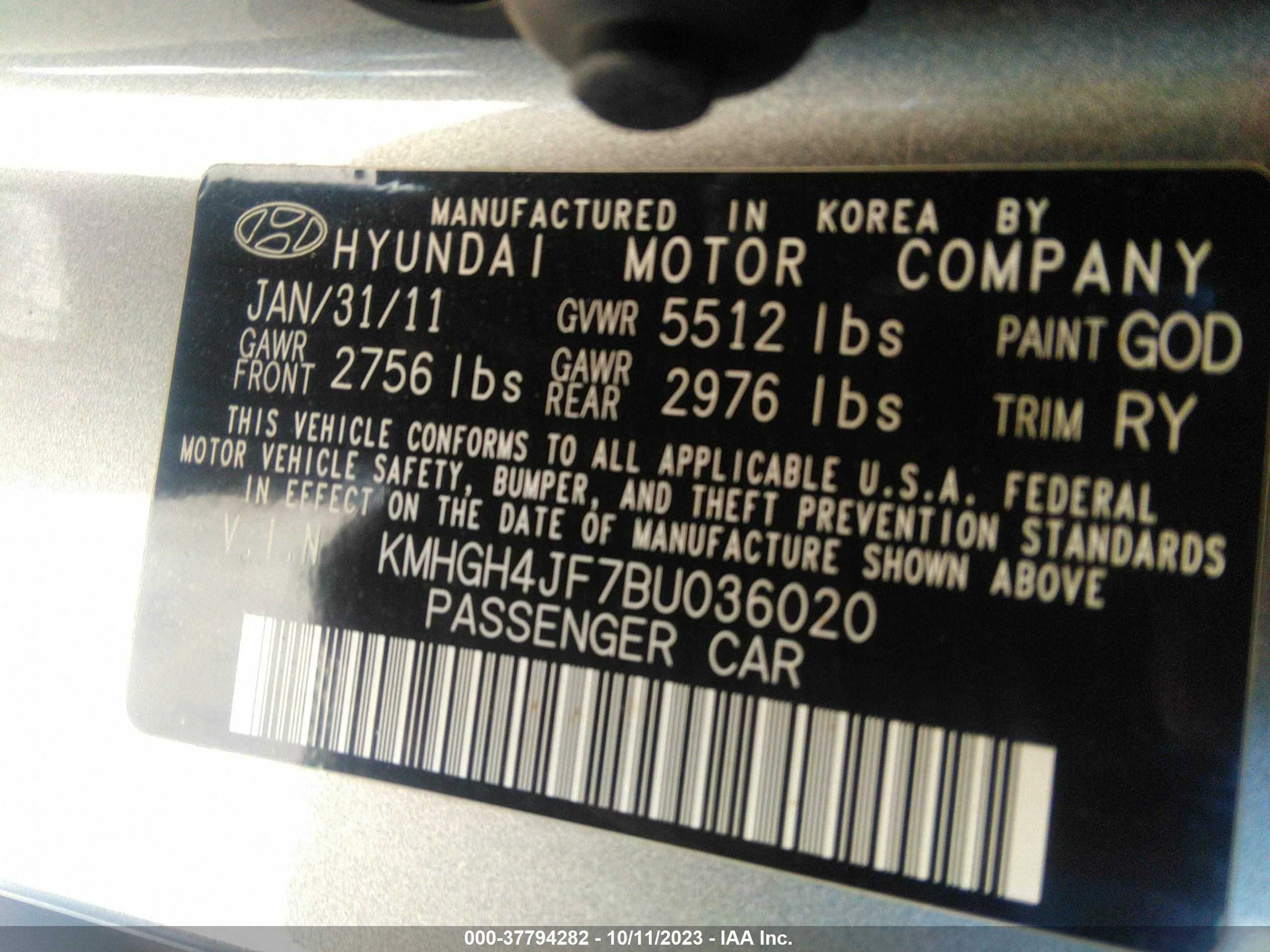 Photo 8 VIN: KMHGH4JF7BU036020 - HYUNDAI EQUUS 