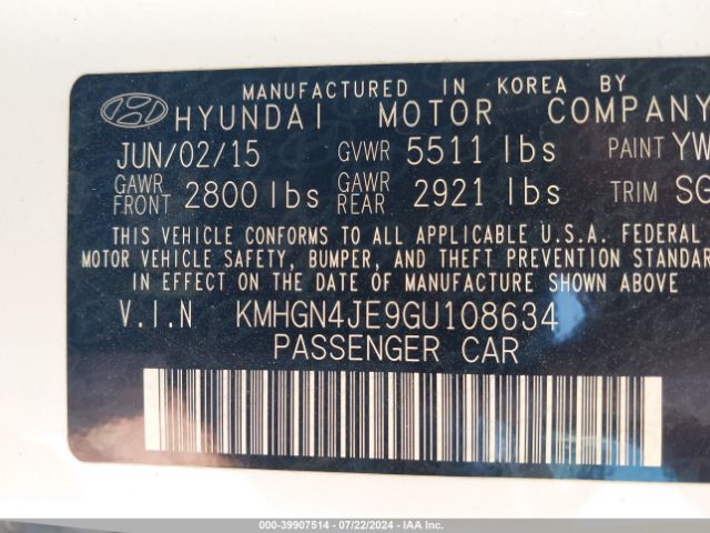 Photo 8 VIN: KMHGN4JE9GU108634 - HYUNDAI GENESIS 