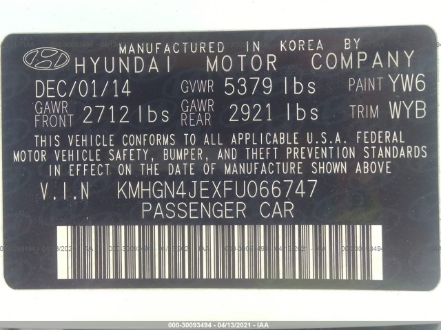 Photo 8 VIN: KMHGN4JEXFU066747 - HYUNDAI GENESIS 