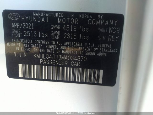 Photo 8 VIN: KMHL34JJ3MA034870 - HYUNDAI SONATA HYBRID 