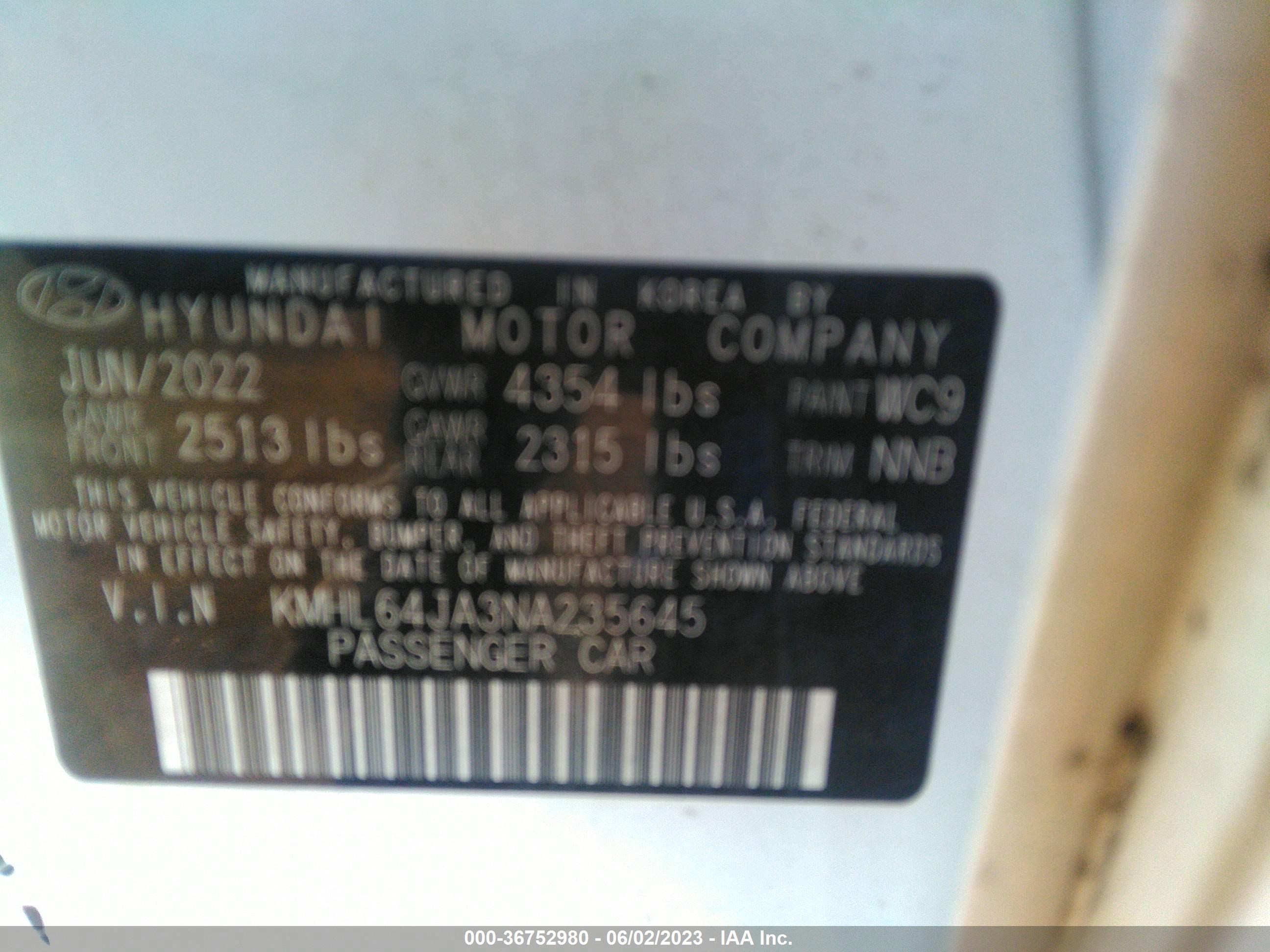 Photo 8 VIN: KMHL64JA3NA235645 - HYUNDAI SONATA 