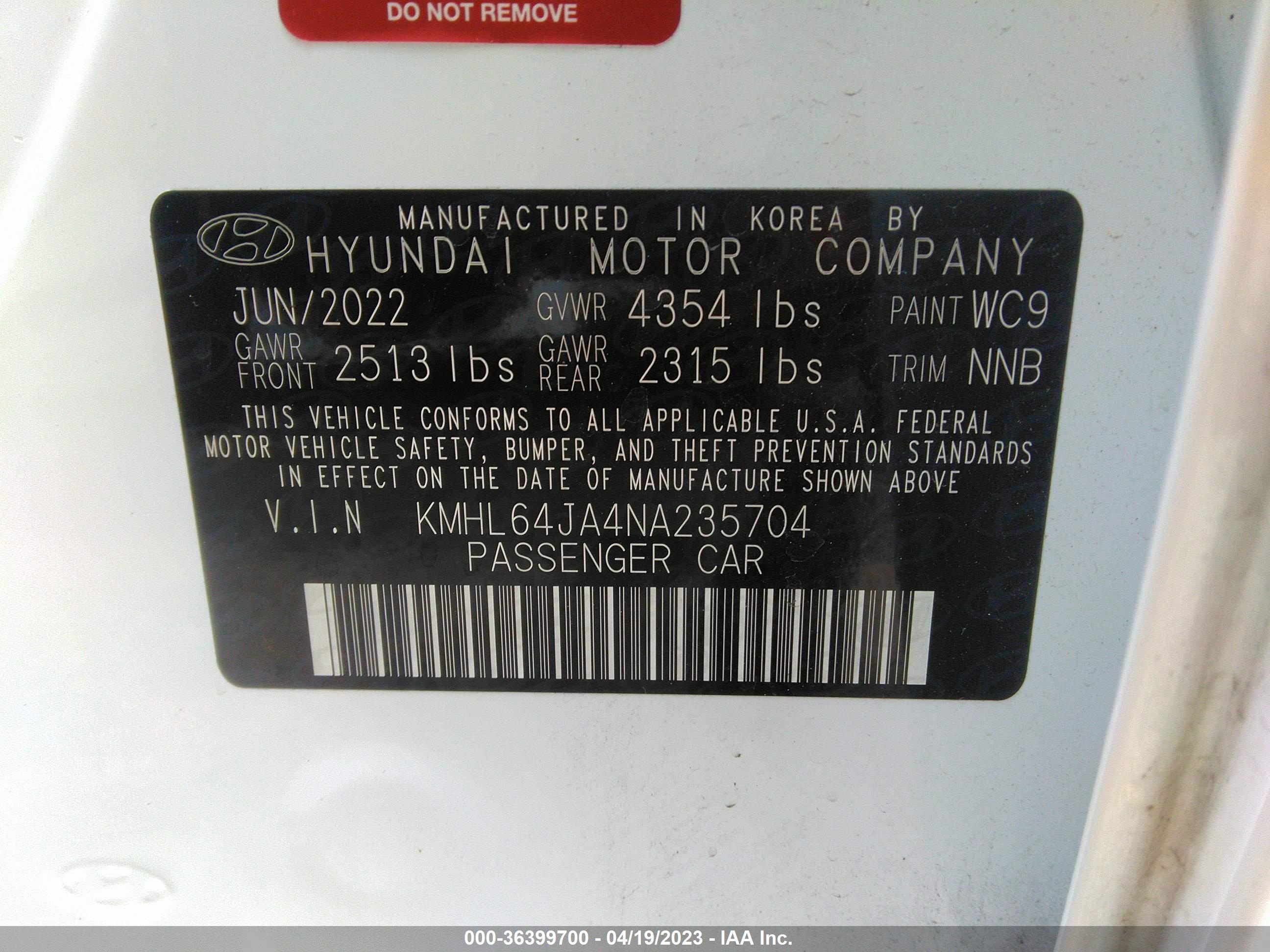 Photo 8 VIN: KMHL64JA4NA235704 - HYUNDAI SONATA 