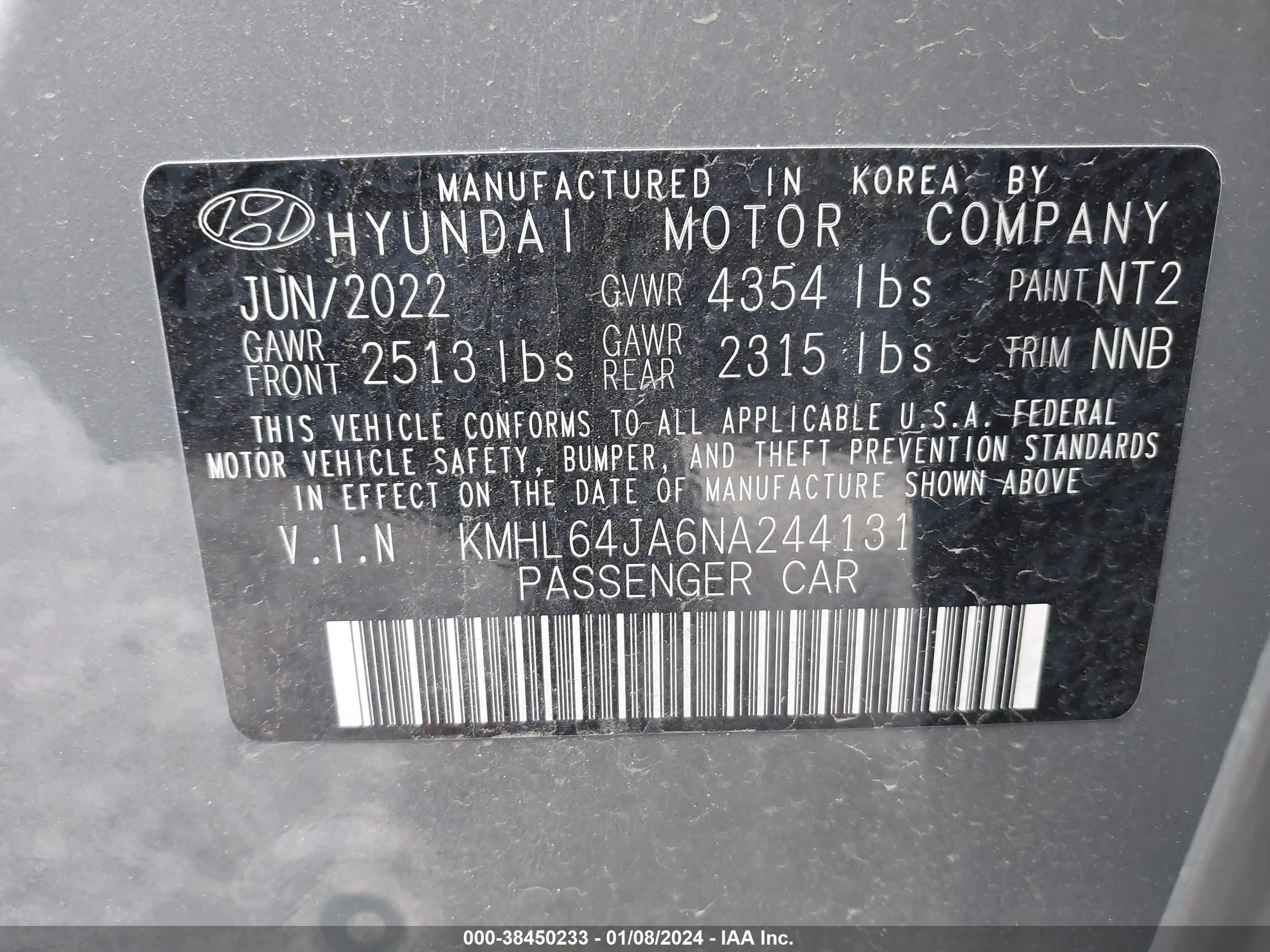 Photo 8 VIN: KMHL64JA6NA244131 - HYUNDAI SONATA 