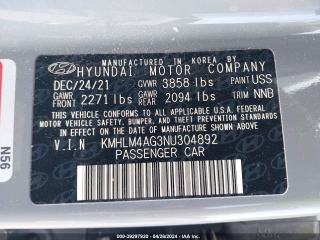 Photo 8 VIN: KMHLM4AG3NU304892 - HYUNDAI ELANTRA 