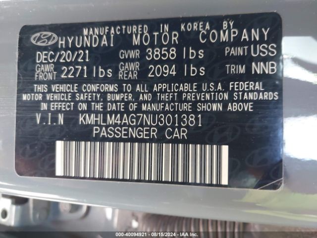 Photo 8 VIN: KMHLM4AG7NU301381 - HYUNDAI ELANTRA 