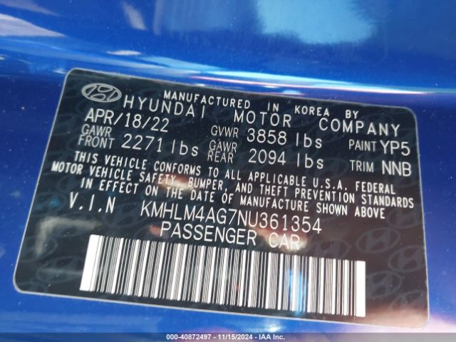 Photo 8 VIN: KMHLM4AG7NU361354 - HYUNDAI ELANTRA 