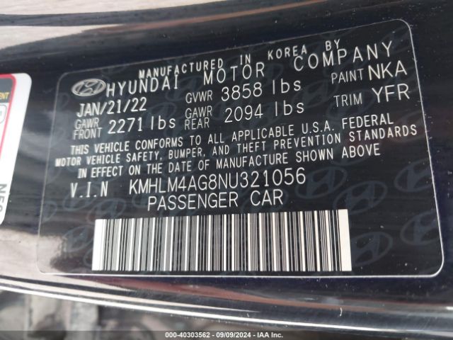 Photo 8 VIN: KMHLM4AG8NU321056 - HYUNDAI ELANTRA 