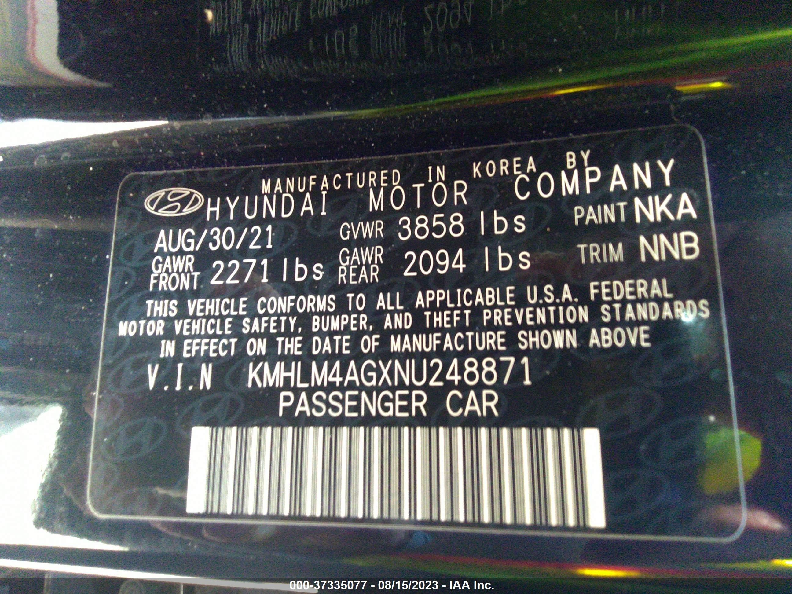 Photo 8 VIN: KMHLM4AGXNU248871 - HYUNDAI ELANTRA 