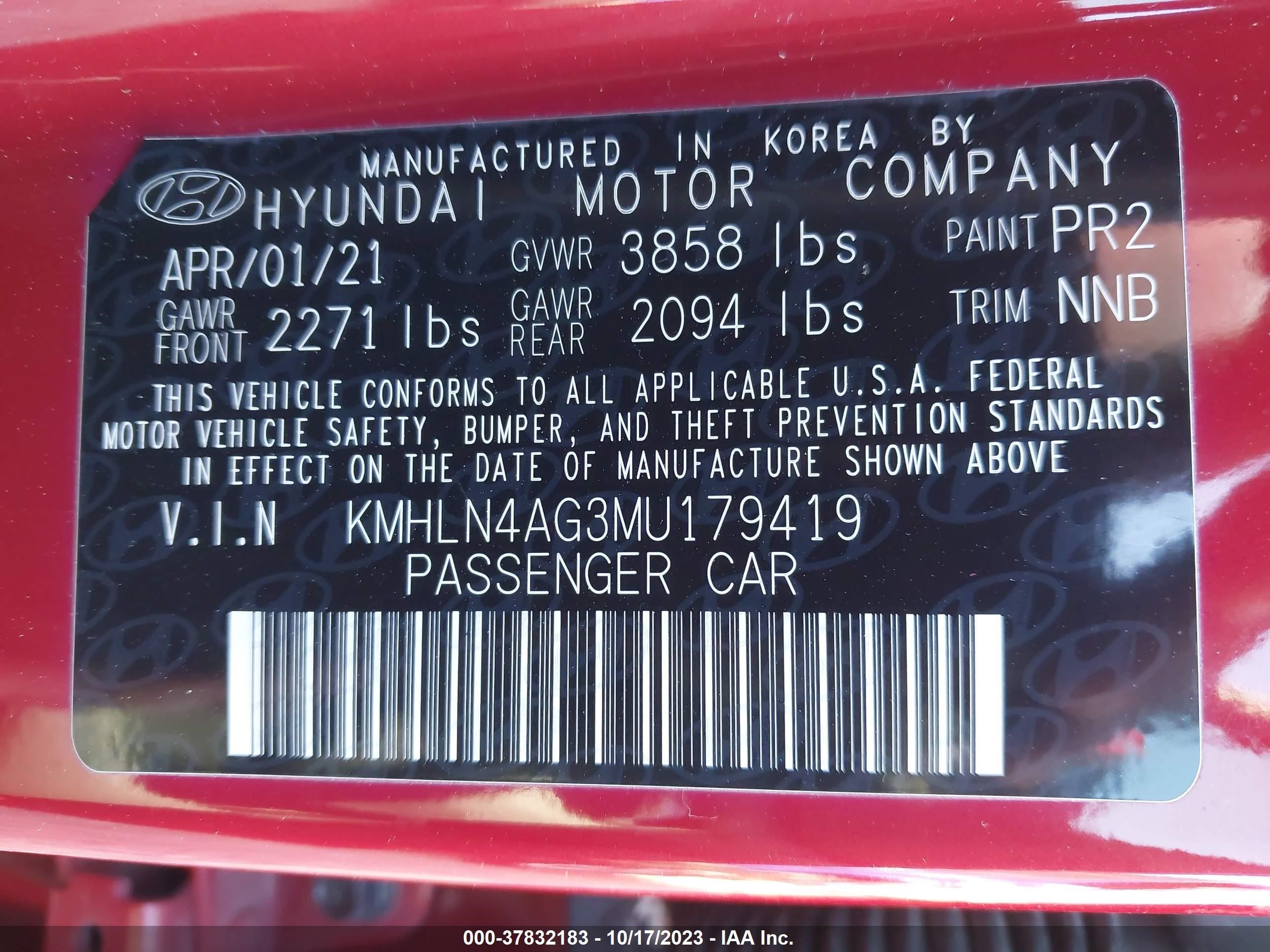 Photo 8 VIN: KMHLN4AG3MU179419 - HYUNDAI ELANTRA 