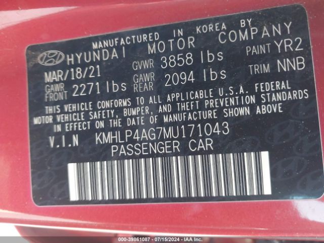 Photo 8 VIN: KMHLP4AG7MU171043 - HYUNDAI ELANTRA 