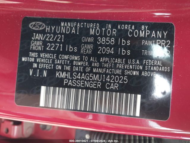 Photo 8 VIN: KMHLS4AG5MU142025 - HYUNDAI ELANTRA 