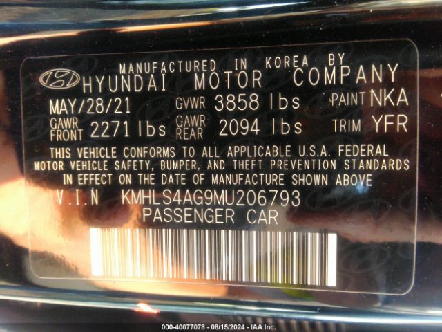 Photo 8 VIN: KMHLS4AG9MU206793 - HYUNDAI ELANTRA 