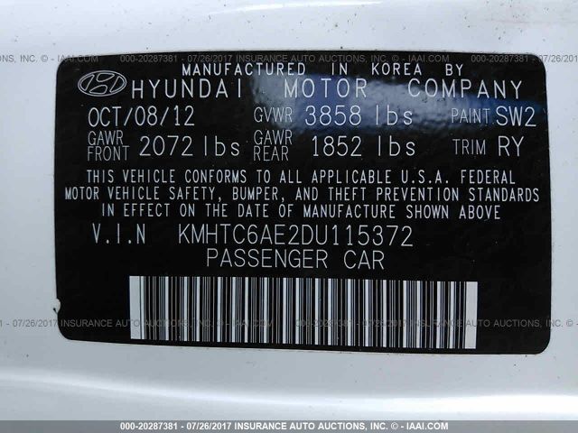 Photo 8 VIN: KMHTC6AE2DU115372 - HYUNDAI VELOSTER 