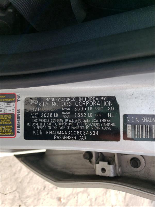 Photo 9 VIN: KNADM4A31C6034534 - KIA RIO LX 