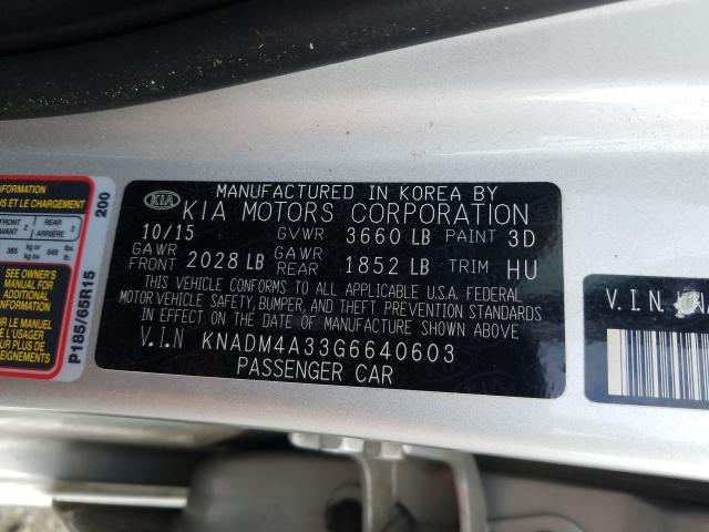 Photo 9 VIN: KNADM4A33G6640603 - KIA RIO LX 