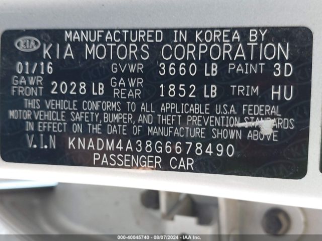 Photo 8 VIN: KNADM4A38G6678490 - KIA RIO 