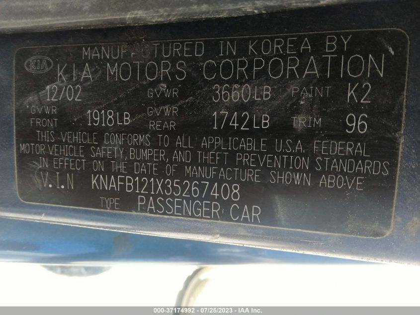 Photo 8 VIN: KNAFB121X35267408 - KIA SPECTRA 