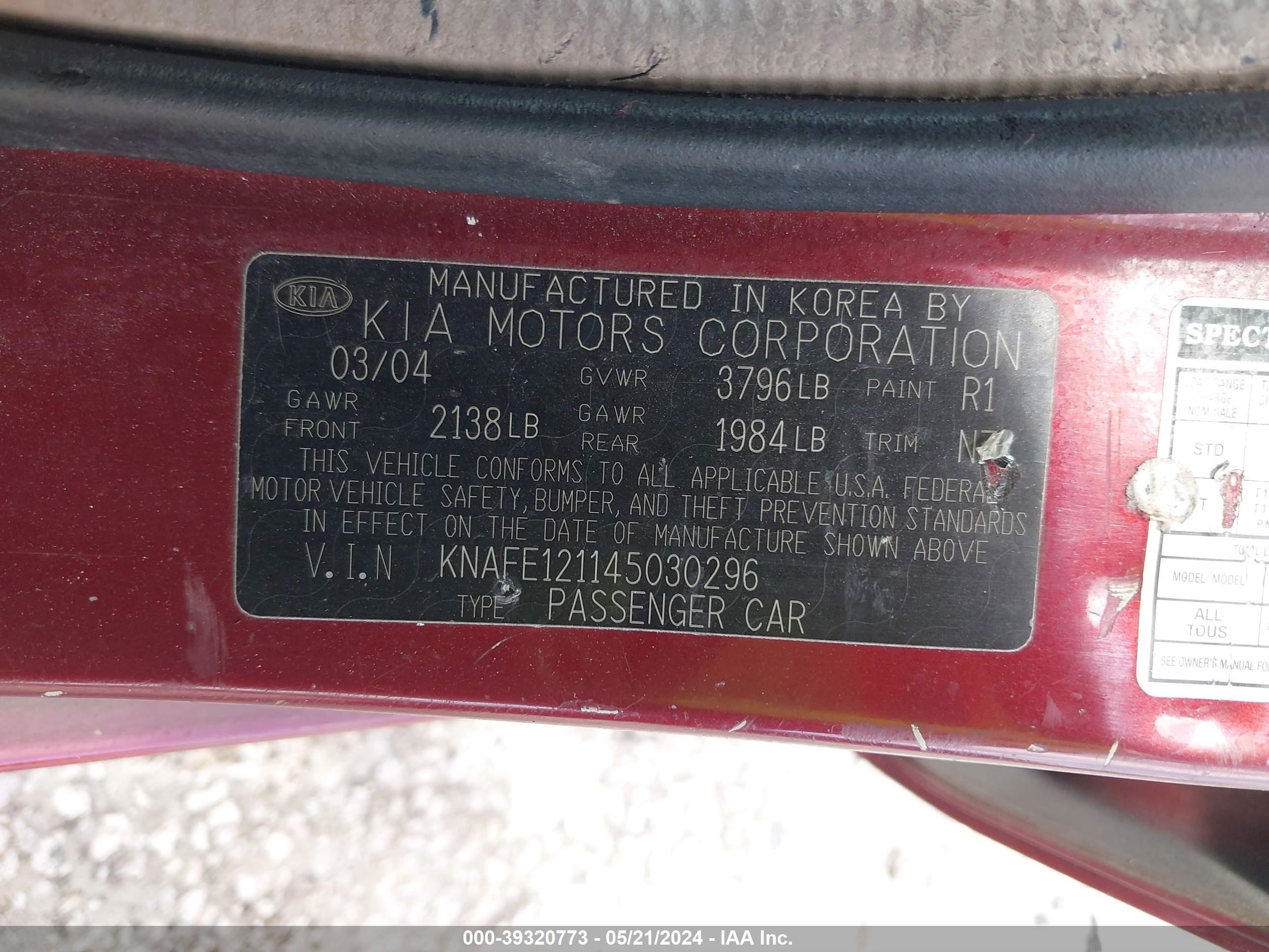 Photo 8 VIN: KNAFE121145030296 - KIA SPECTRA 