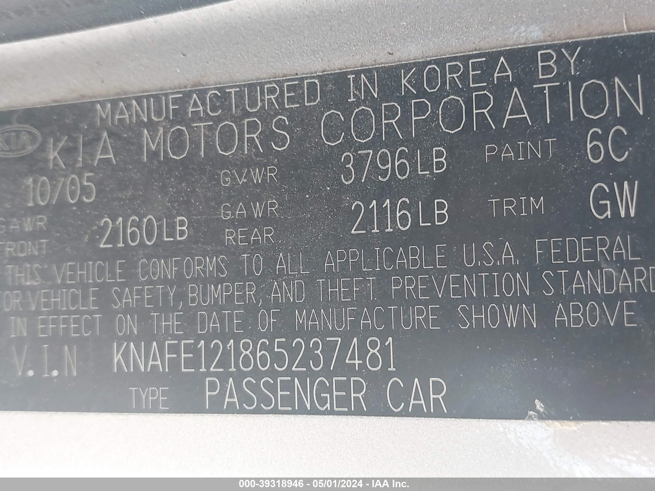 Photo 8 VIN: KNAFE121865237481 - KIA SPECTRA 