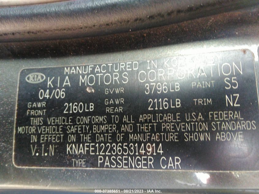 Photo 8 VIN: KNAFE122365314914 - KIA SPECTRA 