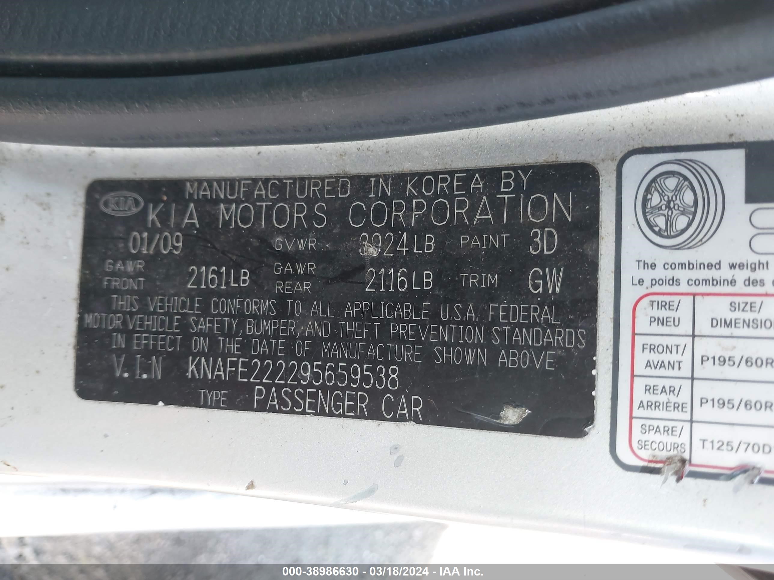 Photo 8 VIN: KNAFE222295659538 - KIA SPECTRA 