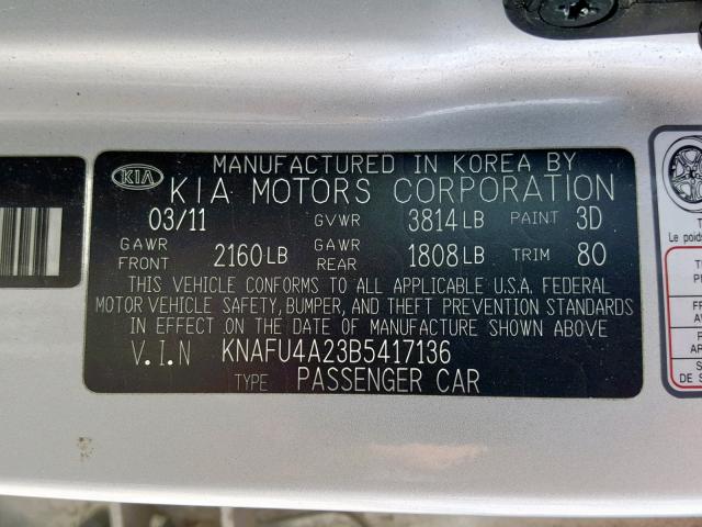 Photo 9 VIN: KNAFU4A23B5417136 - KIA FORTE EX 