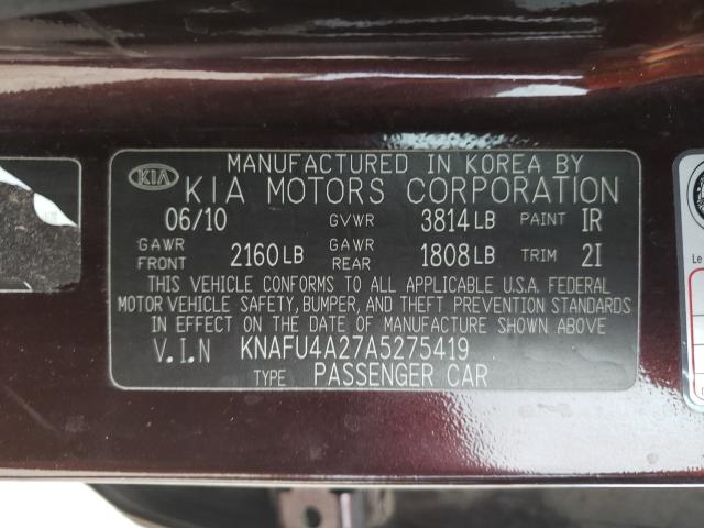 Photo 9 VIN: KNAFU4A27A5275419 - KIA FORTE EX 