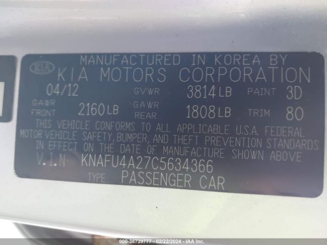 Photo 8 VIN: KNAFU4A27C5634366 - KIA FORTE 