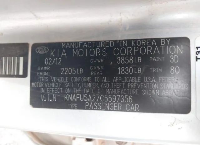 Photo 8 VIN: KNAFU5A27C5597356 - KIA FORTE 5-DOOR 