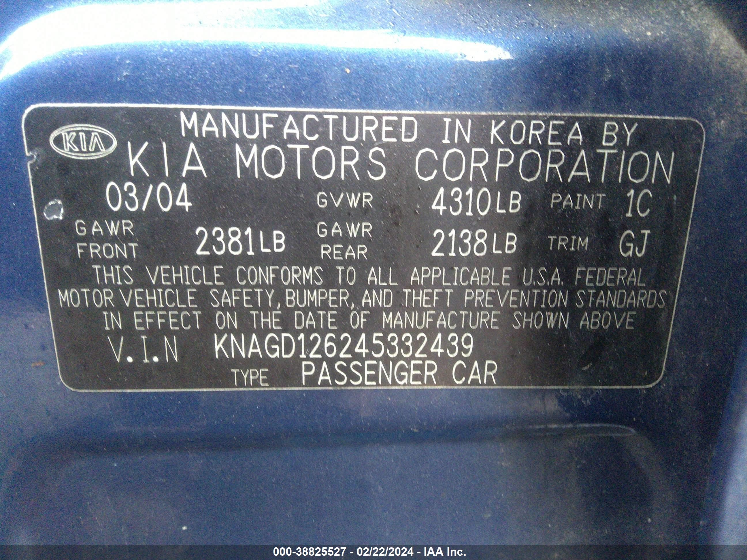 Photo 8 VIN: KNAGD126245332439 - KIA OPTIMA 