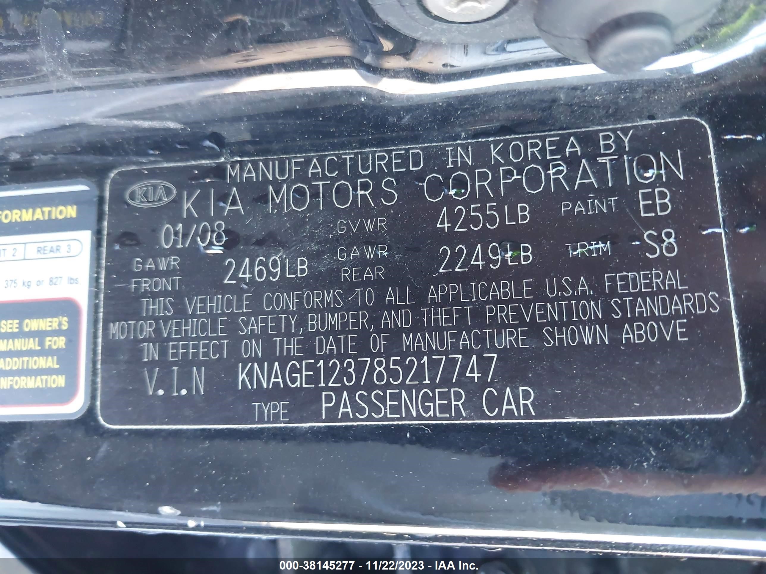 Photo 8 VIN: KNAGE123785217747 - KIA OPTIMA 