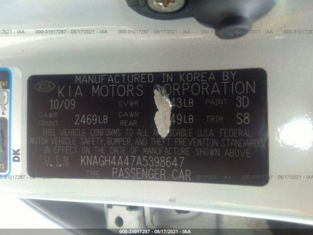 Photo 8 VIN: KNAGH4A47A5398647 - KIA OPTIMA 