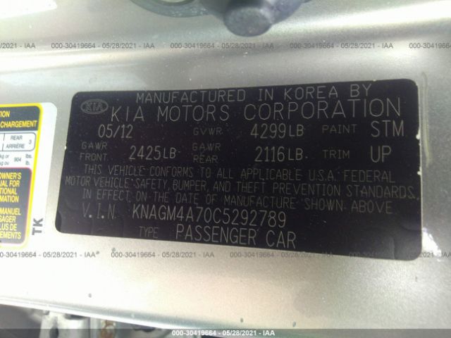 Photo 8 VIN: KNAGM4A70C5292789 - KIA OPTIMA 