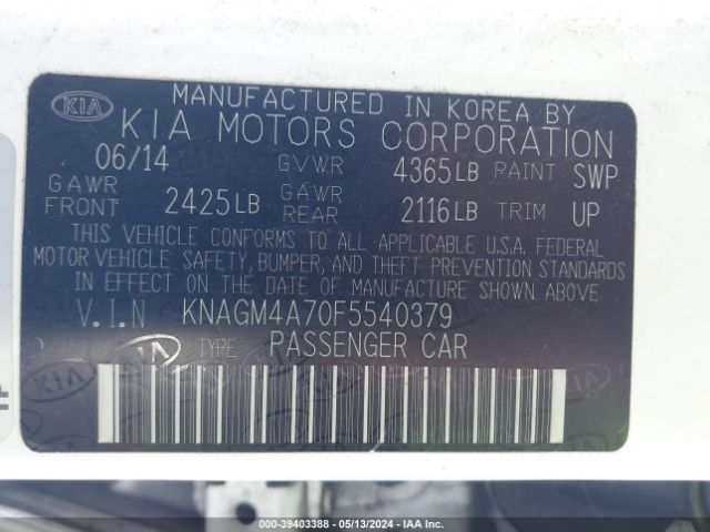 Photo 8 VIN: KNAGM4A70F5540379 - KIA OPTIMA 