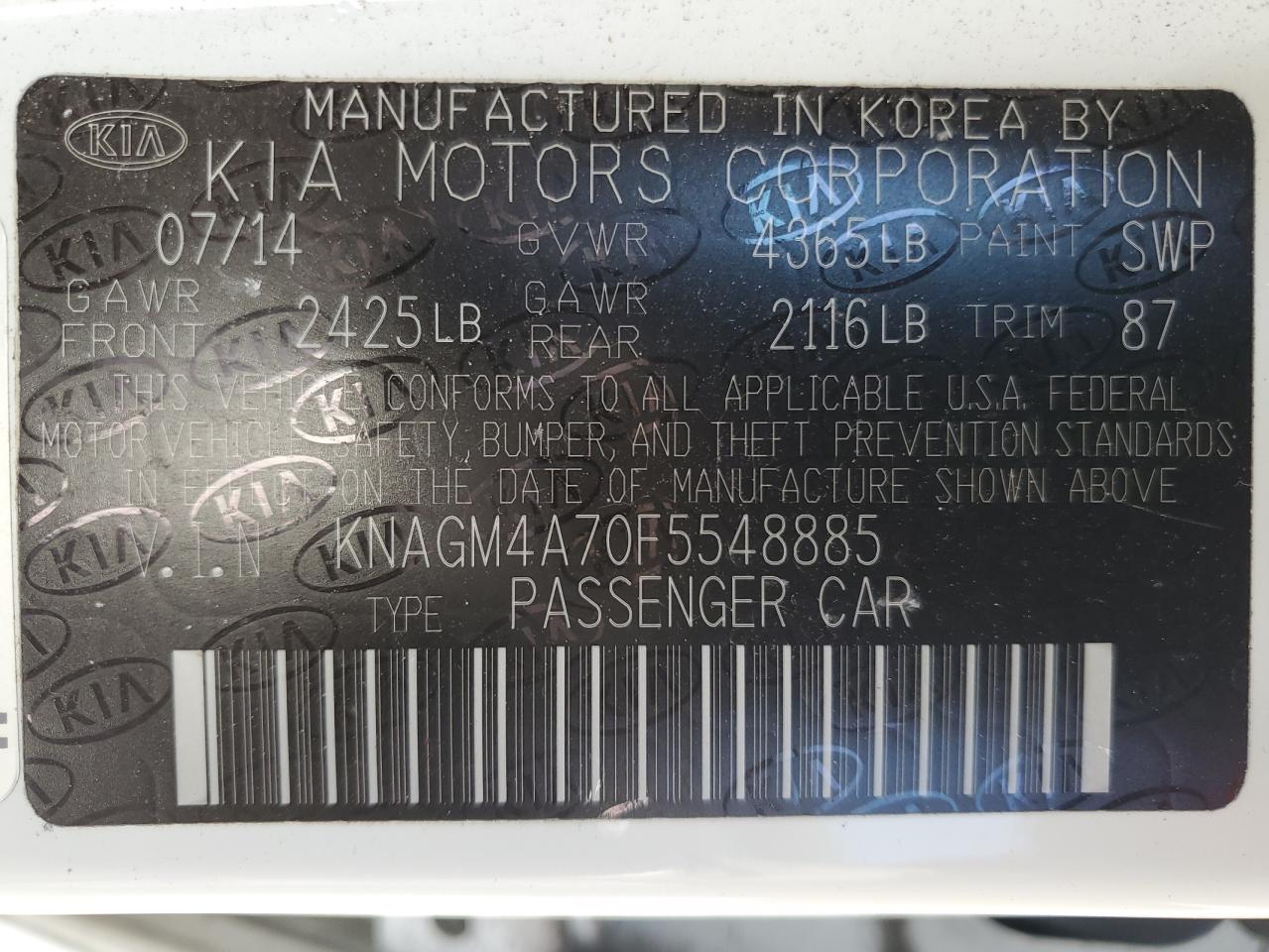 Photo 11 VIN: KNAGM4A70F5548885 - KIA OPTIMA 