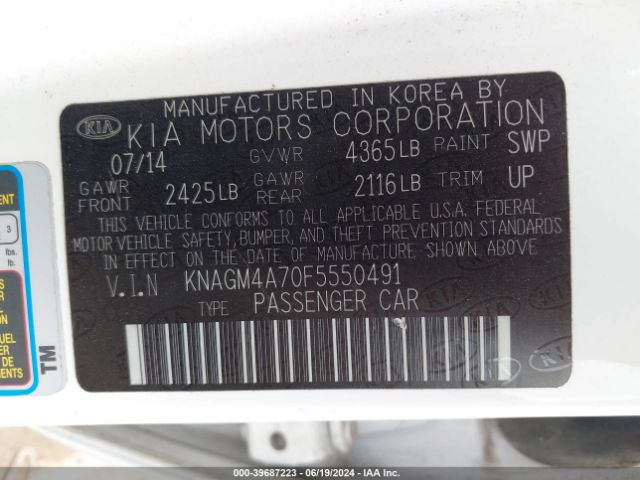 Photo 8 VIN: KNAGM4A70F5550491 - KIA OPTIMA 