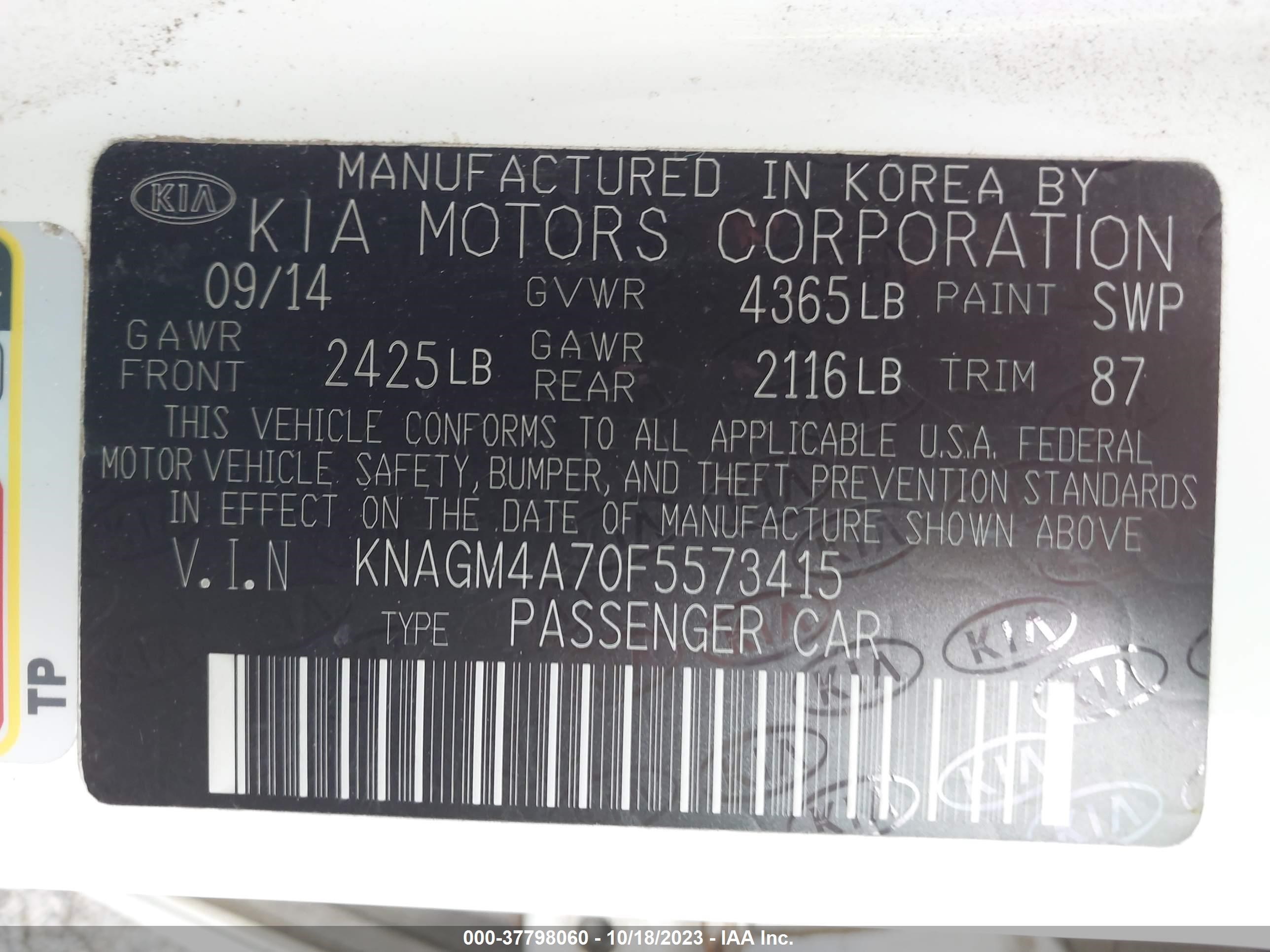 Photo 8 VIN: KNAGM4A70F5573415 - KIA OPTIMA 