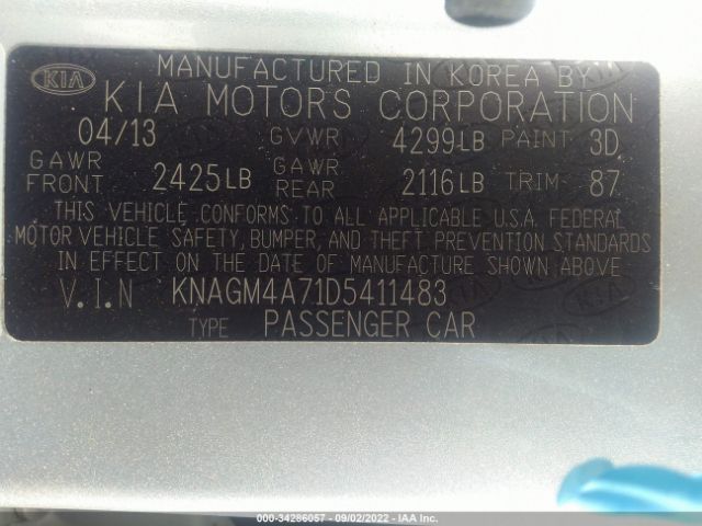 Photo 8 VIN: KNAGM4A71D5411483 - KIA OPTIMA 