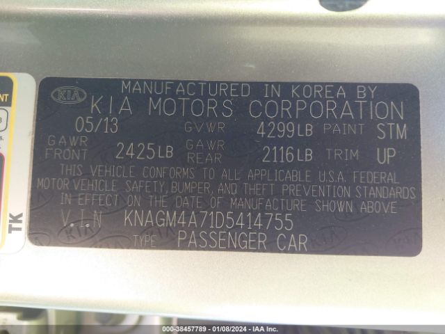 Photo 8 VIN: KNAGM4A71D5414755 - KIA OPTIMA 