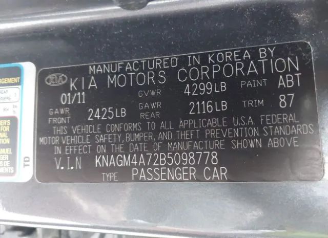 Photo 8 VIN: KNAGM4A72B5098778 - KIA OPTIMA 