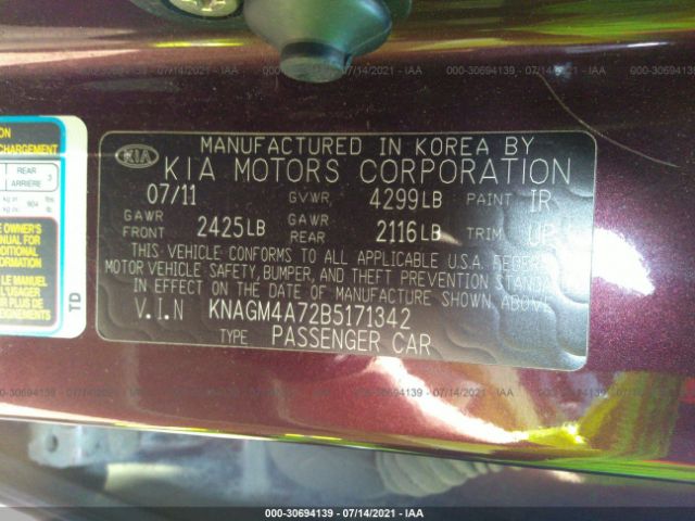 Photo 8 VIN: KNAGM4A72B5171342 - KIA OPTIMA 