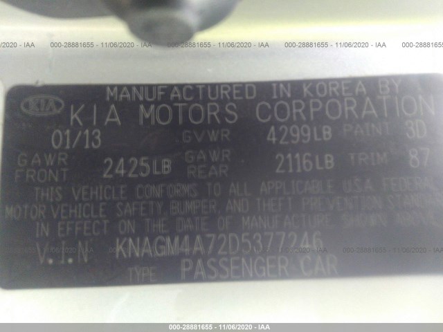 Photo 8 VIN: KNAGM4A72D5377246 - KIA OPTIMA 