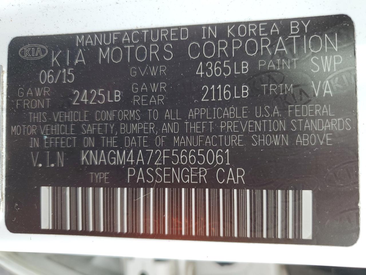 Photo 11 VIN: KNAGM4A72F5665061 - KIA OPTIMA 