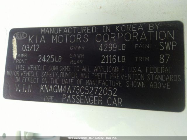 Photo 8 VIN: KNAGM4A73C5272052 - KIA OPTIMA 