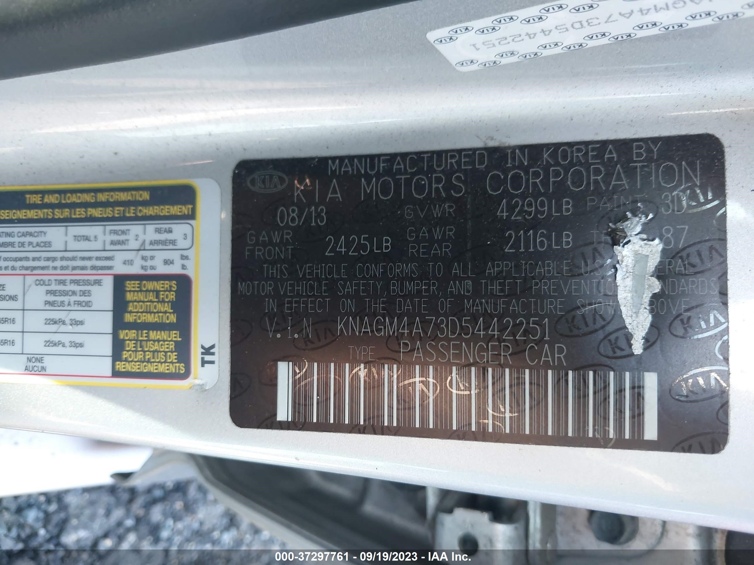 Photo 8 VIN: KNAGM4A73D5442251 - KIA OPTIMA 