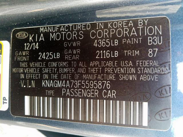 Photo 9 VIN: KNAGM4A73F5595876 - KIA OPTIMA LX 