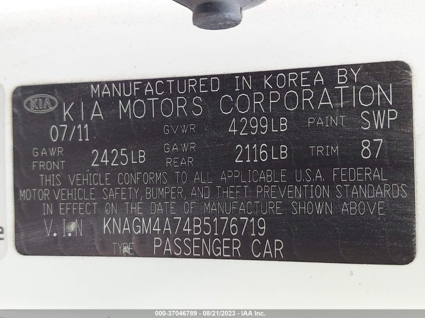 Photo 8 VIN: KNAGM4A74B5176719 - KIA OPTIMA 