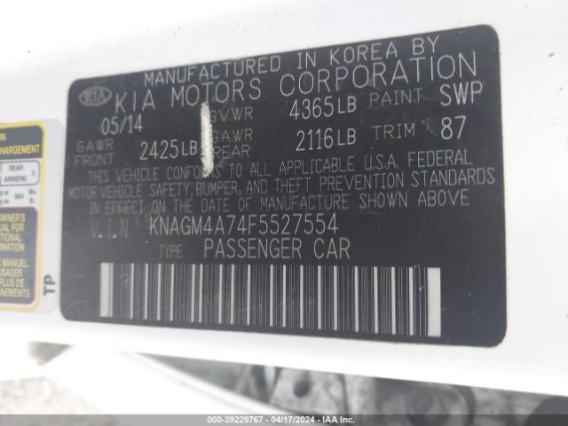 Photo 8 VIN: KNAGM4A74F5527554 - KIA OPTIMA 